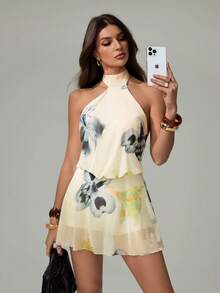 SHEIN Tall Đầm ngắn màu vàng thanh lịch in hoa, hở lưng, kiểu yếm, thích hợp cho nữ, mùa hè, đi nghỉ mát, gợi cảm, màu vàng, đi chơi, hẹn hò. - Màu vàng - Xem 7