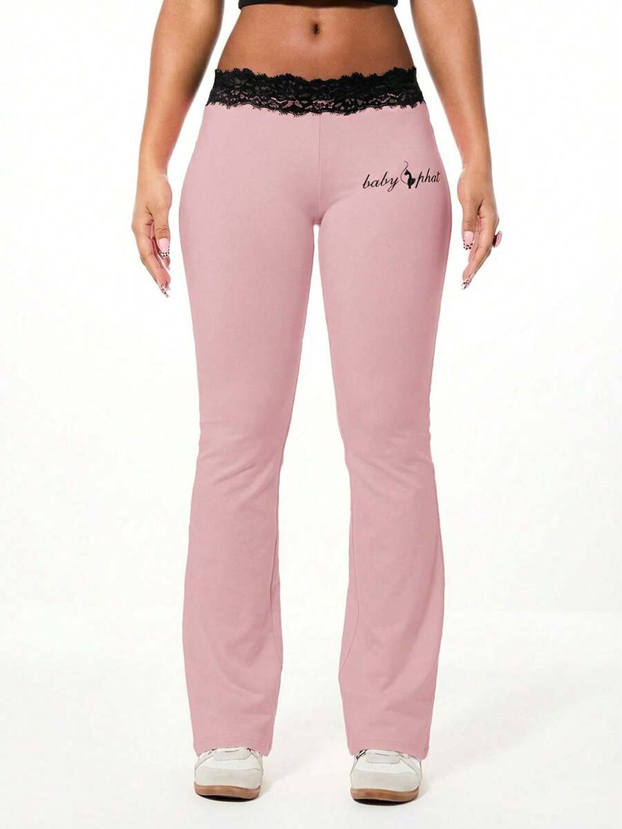 BABYPHAT Quần legging ống loe cạp cao với chi tiết ren ở eo, chất liệu co giãn, thoải mái, phù hợp mặc hàng ngày. - Màu Hồng baby - Xem 1