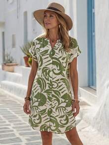 Faunlyn Women's Summer Casual Short Sleeve V-Neck ,All-OverPrint Button Front Mid-Length Vacation Dress - Multicolor - View 1