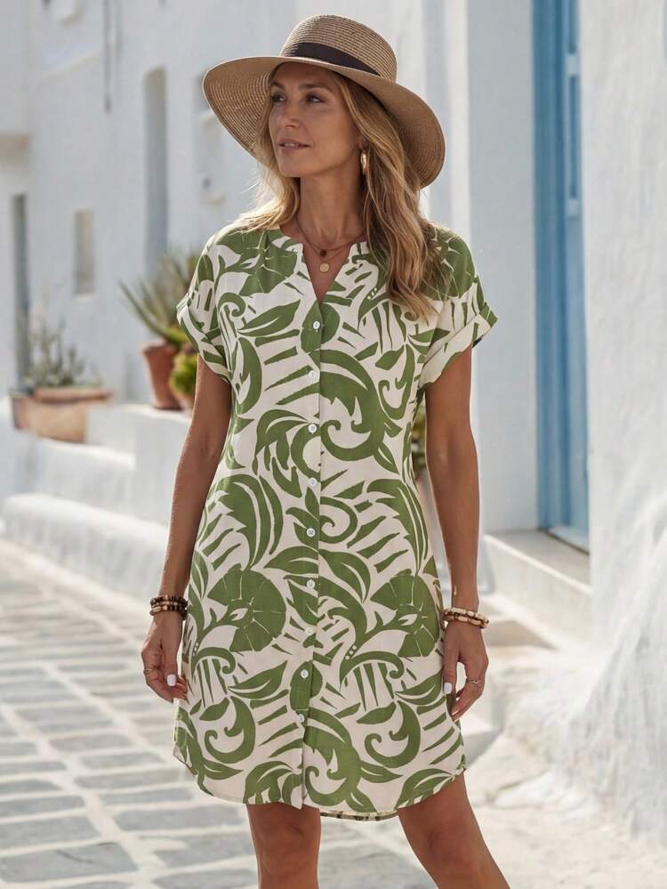 Women's Summer Casual Short Sleeve V-Neck ,All-OverPrint Button Front Mid-Length Vacation Dress