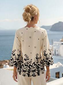 Faunlyn 女士宽松花卉印花喇叭袖衬衫、办公室衬衫、七分袖上衣 - 杏色 - 查看 2