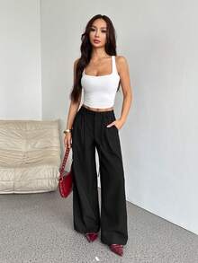 SHEIN PETITE 春夏女装浪漫/舞会/正式/生日/90年代/商务休闲/优雅/西式/外出/时尚/休闲/千禧年/夜店/办公室/鸡尾酒会/复古/紧身/锐舞音乐节/趣味/优雅/老钱/街头风/度假/乡村音乐会/工作/端庄/春假/单身派对/演唱会/酷炫/基础款/毕业/低腰/宽松/阔腿裤 - 黑色 - 查看 7