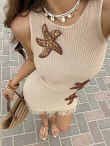 SHEIN Frenchy 女士时尚沙滩连衣裙，饰有针织海星和闪亮流苏边饰，适合春夏季节穿着。 - 卡其色 - 查看 1