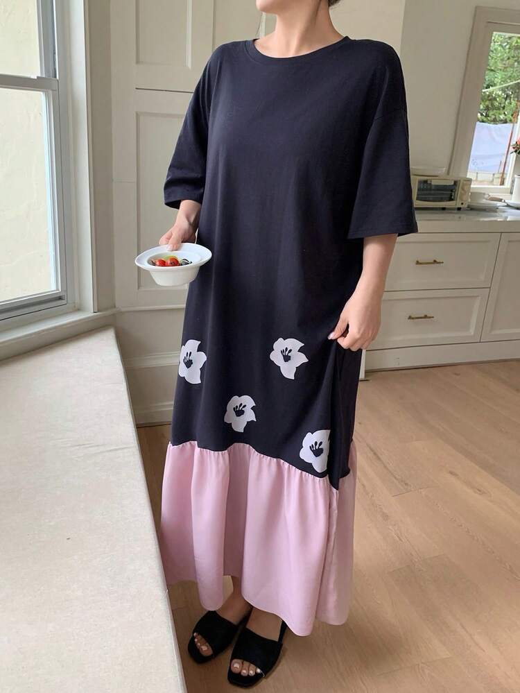 Dazy Plus Fashionable Color Block Casual Loose Short Sleeve Nightgown Sleepwear, Spring/Summer