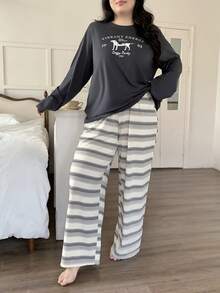 Dazy Plus 大码女式可爱卡通印花长袖上衣和格子宽松睡裤套装，春夏休闲睡衣 - 深灰色 - 查看 5