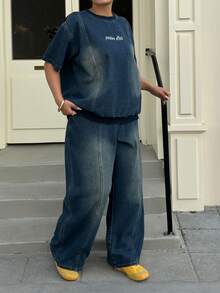 Dazy Plus 2pcs Plus Size Women Washed Blue Letter Embroidery Loose Long Sleeve Top And Pants Denim Set, Spring/Autumn - Dark Wash - View 6