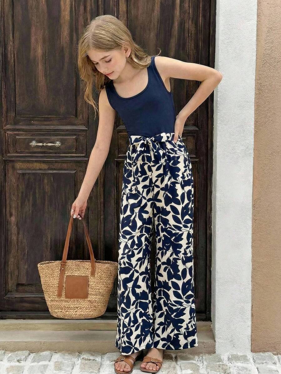 SHEIN 少女休闲街头风针织拼接印花连体裤 - 黑色 - 查看 1