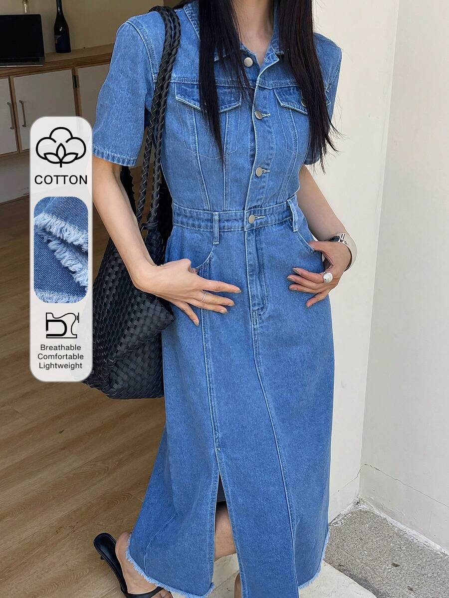 DAZY Đầm sơ mi denim nữ kiểu dáng thường ngày, chất liệu denim bạc màu, có túi giả và đường xẻ tà, thích hợp cho mùa hè. - Rửa trung bình - Xem 1