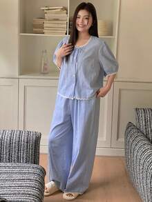 Dazy Plus Lace Tie Collar Cute Cardigan Top And Long Pants Pajama Set, Casual For Girls, Spring/Autumn - Blue - View 3