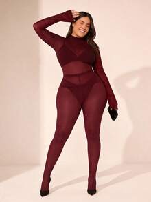 SHEIN BAE Áo lưới cổ tròn trơn cỡ lớn không có áo ngực - Màu Đỏ Sâu - Xem 3