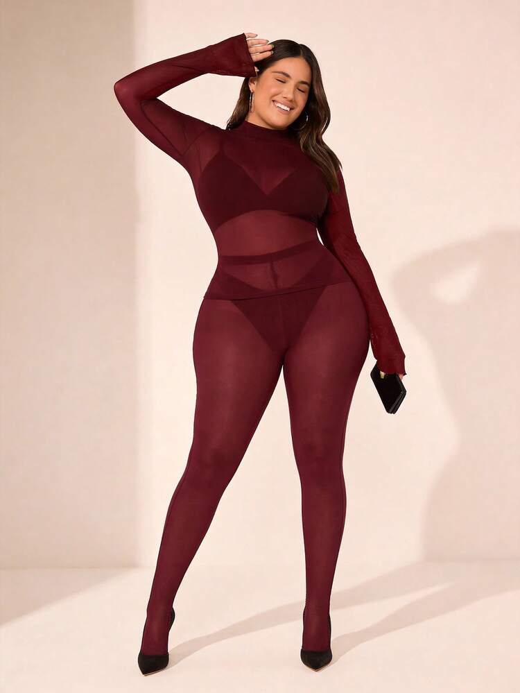 Plus Size Solid Mock Neck Mesh Top Without Bra