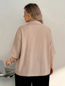 Auralis Áo sơ mi nữ cỡ lớn màu trơn dáng rộng tay ngắn thường ngày - Màu Khaki - Xem 2