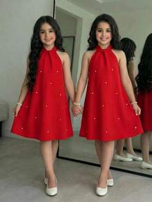 SHEIN Vestido sin mangas de línea A con lazo con diamantes de imitación y brillos para niña preadolescente - Rojo - Ver 7