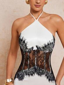 Lumalex 女士优雅性感撞色蕾丝拼接露背连衣裙 - 象牙白色 - 查看 2