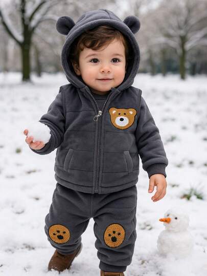 Conjunto de 3 piezas para bebé niño primavera y otoño con forro cálido y diseño de oso, chaleco con capucha + chaqueta con cremallera + pantalón largo, conjunto deportivo casual y abrigado para bebé
