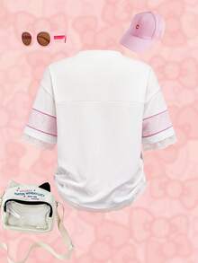 HELLO KITTY AND FRIENDS | SHEIN 少女字母卡通印花圆领短袖休闲T恤 - 白色 - 查看 2