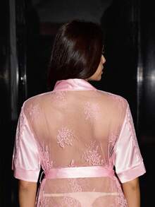 SilkySpell Plus Size Lace Backless Sexy Faux Silk Robe - Pink - View 4