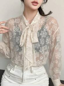 DAZY 女士宽松纯色长袖雪纺系领休闲夏季上衣外出服 - 杏色 - 查看 7