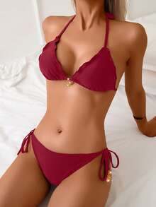 Swim Vcay Women's Summer Vacation Gold Sun Decor Black Bikini Set, Beach Outfit - Burgundy - View 3
