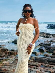 SHEIN EZwear Đầm maxi len dệt kim dáng ôm, màu trơn, có dây rút, khoét lỗ, thời trang thanh lịch dành cho nữ, thích hợp cho mùa xuân/hè. - Màu be - Xem 3