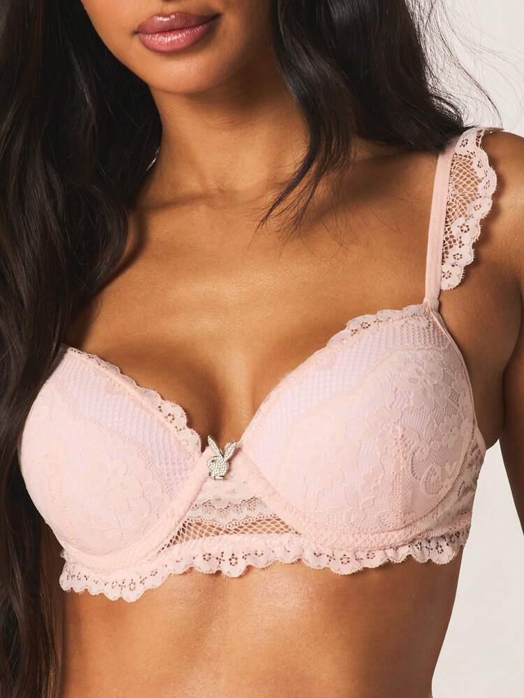 Missguided x Playboy Ensemble de lingerie en dentelle pour femmes, deux pièces, soutien-gorge et culotte assortis. Soutien-gorge push-up avec armatures, design en dentelle florale délicate. Idéal pour la Saint-Valentin, les anniversaires et les occasions spéciales
