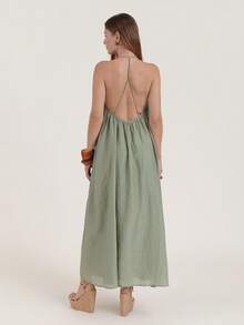 SURIMA Women Spaghetti Strap Maxi Dress Vacation Dress Solid Color Long Dress - Green - View 4