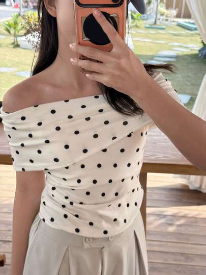 DAZY Tween Girls' Casual Polka Dot Print Off Shoulder T-Shirt, Summer