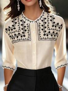 Balvessa Áo sơ mi nữ dáng rộng, cài một hàng cúc, họa tiết cây cỏ, phong cách thường ngày. - Màu be - Xem 1