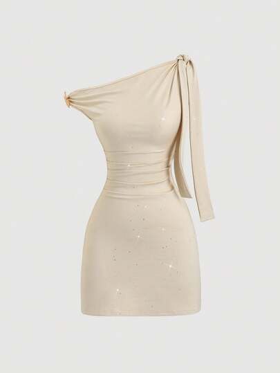 Sweetra Vestido plisado con hombros fruncidos y retorcidos de unicolor para mujer, primavera/verano
