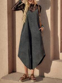 Wildy Bộ jumpsuit nữ phong cách BOHO giản dị kiểu miền Tây nước Mỹ cổ điển, nhuộm tie-dye rách rưới, ống rộng, có túi, không tay, thích hợp mặc hàng ngày vào mùa xuân hè. - màu đen - Xem 1