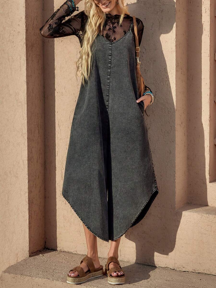 Wildy Bộ jumpsuit nữ phong cách BOHO giản dị kiểu miền Tây nước Mỹ cổ điển, nhuộm tie-dye rách rưới, ống rộng, có túi, không tay, thích hợp mặc hàng ngày vào mùa xuân hè. - màu đen - Xem 1