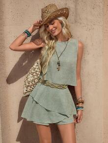 Wildy 波西米亚风休闲美式西部乡村复古纯色女装春夏基础款无袖上衣短裤两件套，适合日常通勤穿着。 - 綠色 - 查看 8