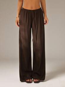 SHEIN PETITE 女士纯色系带阔腿宽松休闲百搭裤 - 棕色 - 查看 3