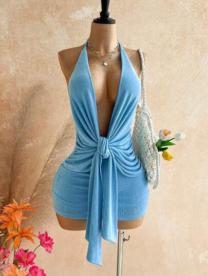 Soleia Nuevo vestido mini con cuello drapeado, degradado, retorcido y fruncido, adecuado para fiesta, cita, San Valentín, Pascua, carnaval, té de la tarde, playa, crucero, calle de la ciudad, bohemio, boho, vacaciones, ropa de mujer de otoño, vintage, vacaciones