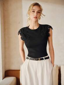 Anewsta Áo thun tay ngắn cổ tròn màu trơn, kiểu dáng thanh lịch, ren móc, khoét lỗ, chất liệu trơn, hàng mới về mùa hè. - màu đen - Xem 5