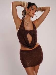 SHEIN BAE Women's Vacation Casual Low Waist Mini Knit Skirt,Spring/Summer New Arrival: Brown Shimmering Top. Perfect For Beach Vacations, Beach Trips, Beach Parties, Dates, Nightclubs, Picnics, Parties, Music Festivals, Brunch, And Other Occasions. - Chocolate Brown - View 7