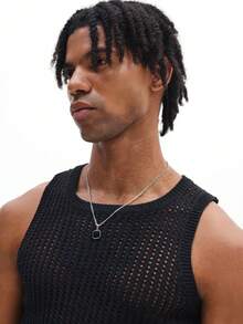 SUMWON 男士无袖开襟针织度假背心，网眼透视设计，夏季休闲装 - 黑色 - 查看 5