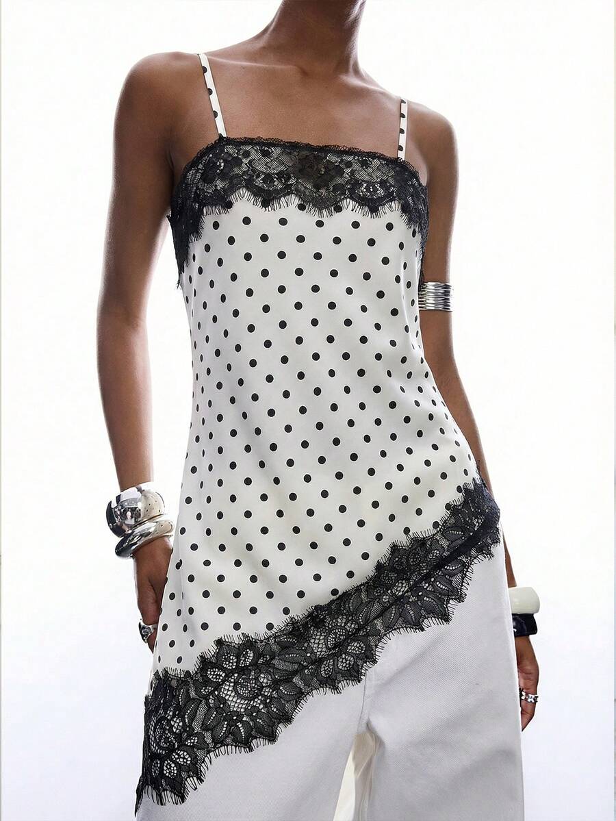 LYSMO 复古女士黑白波点撞色蕾丝不对称下摆时尚吊带背心优雅女士衬衫，夏季派对 - 彩色 - 查看 1