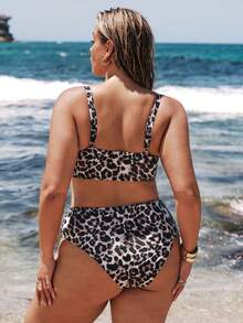 SHEIN BAE Ensemble de bikini sexy à imprimé léopard froncé pour femmes grandes tailles pour l'été et la plage - Multicolore - Voir 2