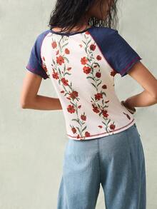 SoleilVie Women's New Raglan Short Sleeve Round Neck Partial Button-Up Splice Fitted Cropped Top - Multicolor - View 2