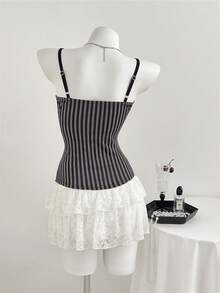 Elamini 夏季性感V领蕾丝条纹拼接镂空吊带背心 - 黑色 - 查看 2