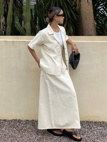 DAZY 女士休闲口袋衬衫领直筒牛仔裙两件套，春夏款，婚礼宾客礼服 - 米色 - 查看 4