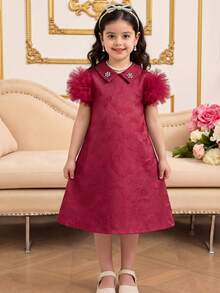 SHEIN 女童夏季新款宽松翻领水钻花卉设计短袖网纱后背直筒连衣裙，简约时尚优雅公主风 - 酒紅色 - 查看 3