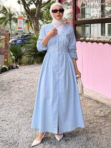 DAZY Women's Elegant Lace Patchwork Textured V-Neck Mid-Length Dress, Spring/Summer Wedding Guest Dress Sundress - Blue - View 6