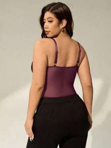 Auralis 大码女士性感酒红色优雅蕾丝拼接文胸上衣/透视网纱蕾丝拼接性感内衣，美人鱼款式，情人节礼物 - 酒紅色 - 查看 2