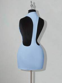 SHEIN ICON Solid Color Backless Sexy Casual Mini Dress - Baby Blue - View 2