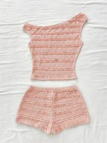 Soleia Bộ 2 món dành cho nữ, thích hợp cho kỳ nghỉ xuân/hè, gồm áo crop top dệt kim nhẹ màu hồng, thiết kế bất đối xứng vai và quần short ôm sát cạp siêu thấp, phù hợp cho các dịp như tiệc tùng, Lễ Tình nhân, hẹn hò, đi biển, du thuyền, lễ hội, lễ Phục sinh. - Màu Hồng baby - Xem 2
