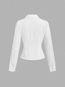 SHEIN Tall Women's Striped Long Sleeve Single-Breasted Casual Commuter Shirt - White - View 3