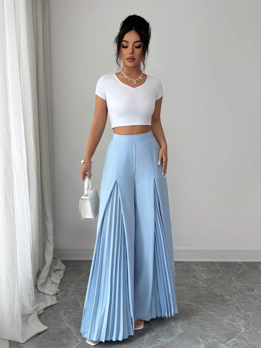 Elenzga Waist Cinched Pleated Wide Leg Pants, Elegant Romantic Minimalist Office Wear Trousers For Women - Baby Blue - View 1