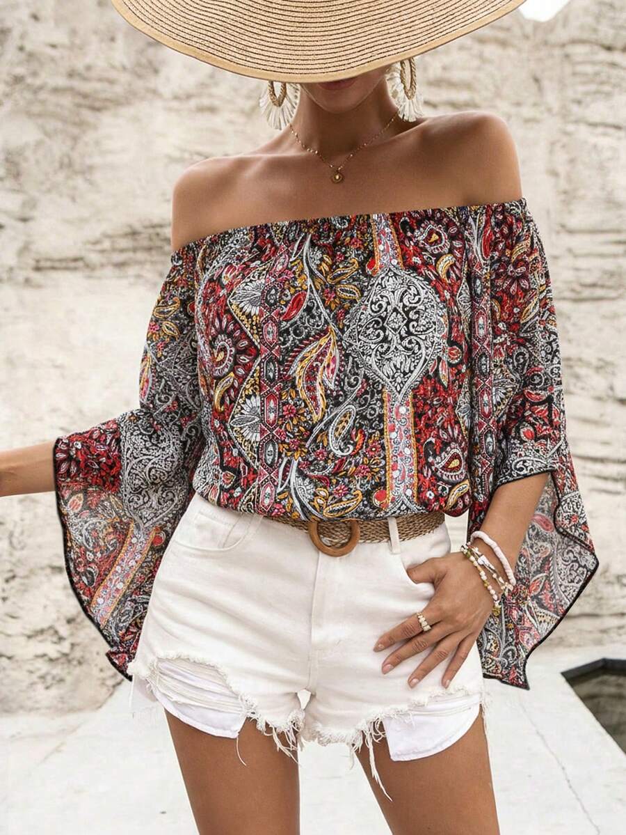 Breezaya Camisa informal para mujer con mangas acampanadas, escote bardot y estampado de flores de paisley - Rojo - Ver 1